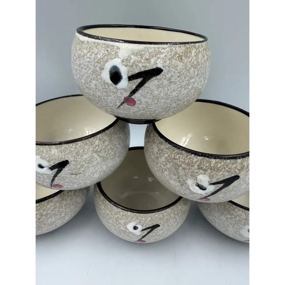 Set of 6 Hand Painted Ceramic Tea Cups Oatmeal Speckled Floral Asian Teaware